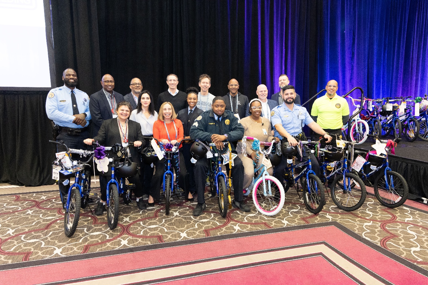 NOPD officers, NORD staff, and SoundThinking’s leadership team show some of the bikes that were built during the company’s all-hands retreat in New Orleans. The bikes were built in partnership with NOPD, and were handed off to NORD for distribution to children throughout New Orleans.