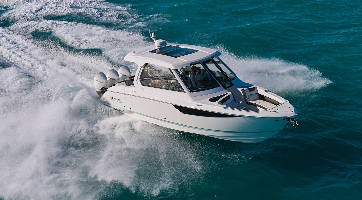 The yacht-certified R35 Outboard Coupe offers power, comfort, and amenities for unforgettable adventures with family and friends.
