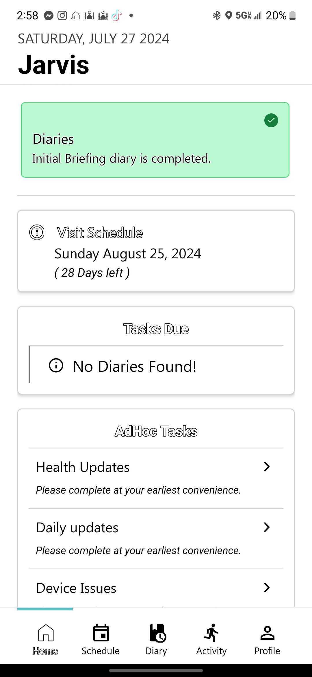 Clinical StudyPal mobile app showing patient dashboard with completed diary, upcoming visit schedule, no tasks due, and options for health update