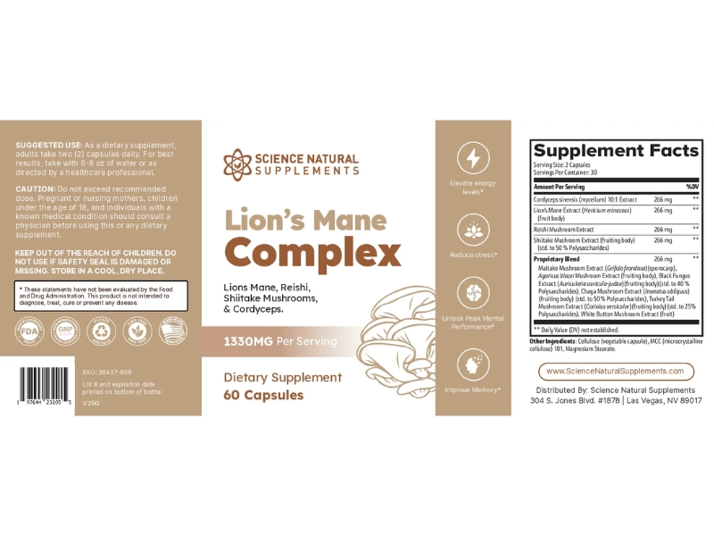 Best Lion's Mane Complex Review: Science Natural Supplements' Brain Boosting Mushroom Formula Supplement Facts Ingredients Label