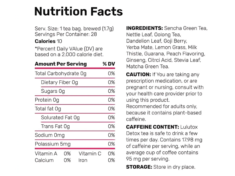 Lulutox Detox Tea Review Best Herbal Weight Loss Tea Blend for Women to Burn Fat Nutrition Facts Ingredients Label