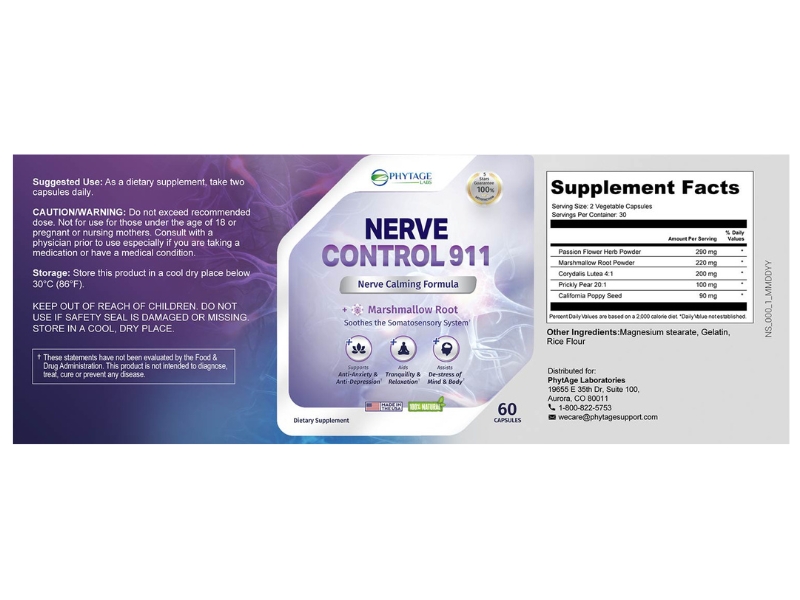 Nerve Control 911 Best Nerve Health Protection for Central Nervous System Support by PhytAge Ingredients Supplement Facts
