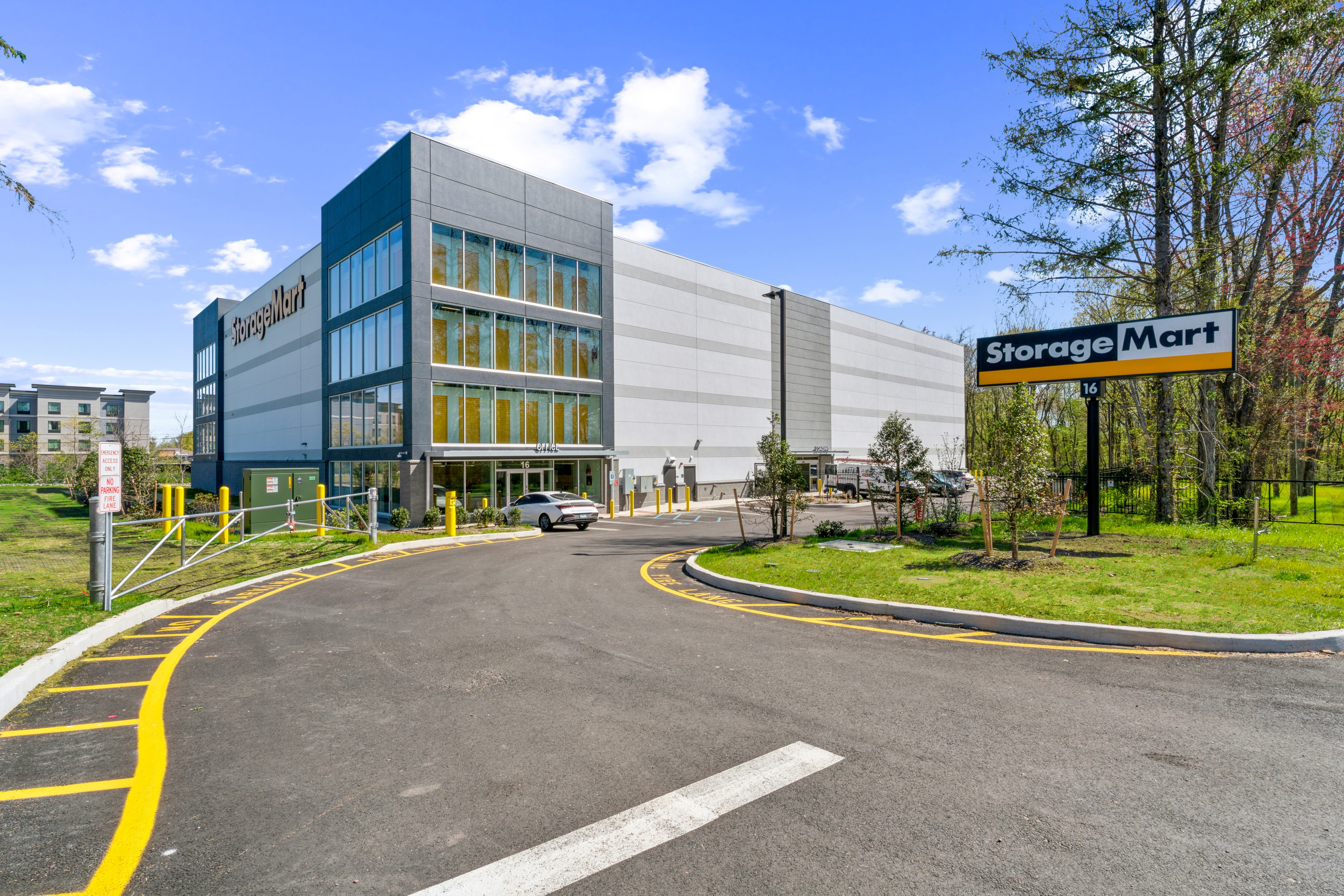 The exterior of a StorageMart self storage facility in Orange, CT.