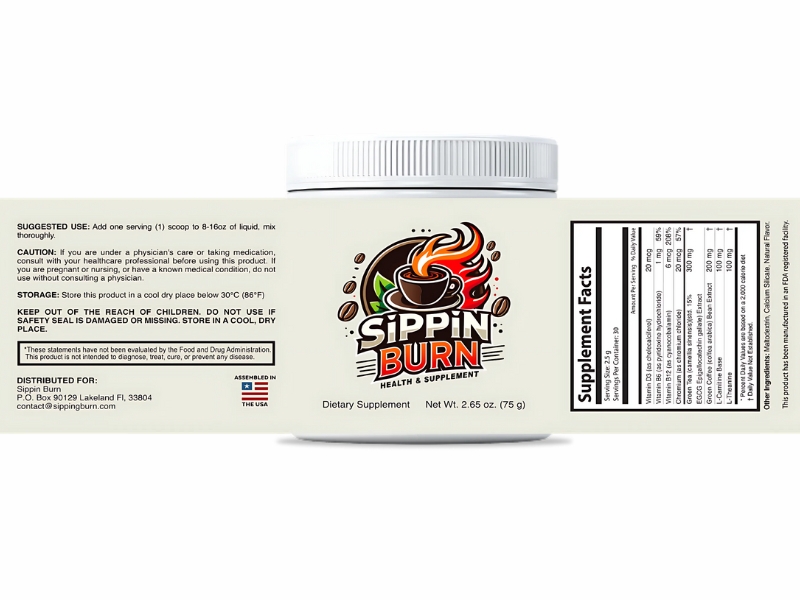 Sippin Burn Review Science-Backed Organic SippinBurn Formula for Healthy Weight Management Supplement Facts Ingredients Label
