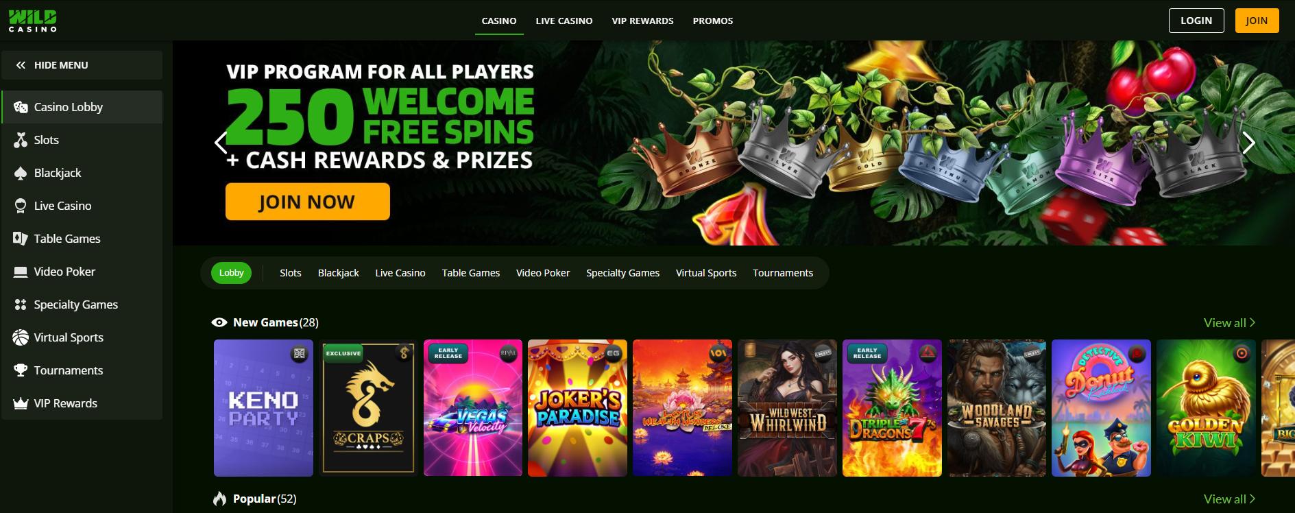 Wild Casino dashboard