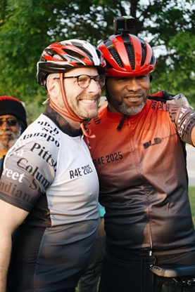 Black Leaders Detroit CEO Dwan Dandridge (right) and Hebrew Free Loan of Metropolitan Detroit Executive Director David Contorer (left) kick off the 2025 Ride For Equity in Tulsa, Okla. Photo: Black Leaders Detroit.