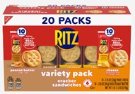 27.3 oz. RITZ Filled Cracker Sandwich 20-Count Variety Pack (20 packs of 10 Cheese 1.38-oz. packs and 10 Peanut Butter 1.38-oz. packs)